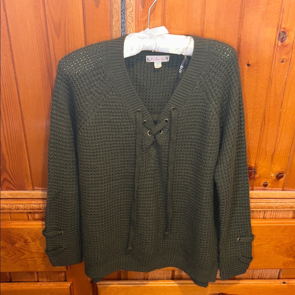 It's Our Time Olive Lace-Up V-Neck Knit Sweater